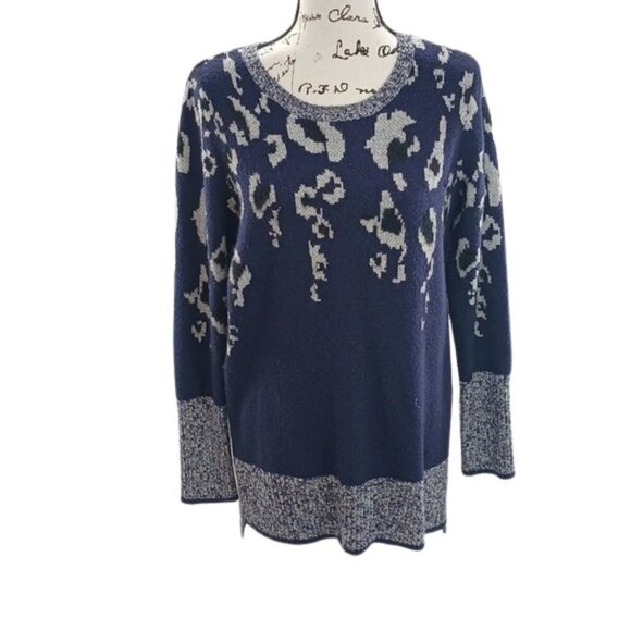 APT 9 Sweater Blue Knit Animal Print Winter Tunic Crew Neck Womens Size L - Picture 1 of 7